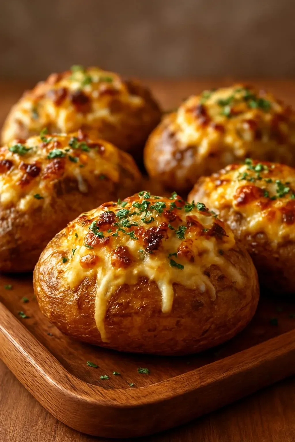 French onion and mushroom stuffed baked potatoes ready to serve