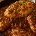 French onion baked chicken topped with melted cheese and caramelized onions.
