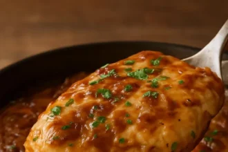 French onion baked chicken topped with melted cheese and caramelized onions.