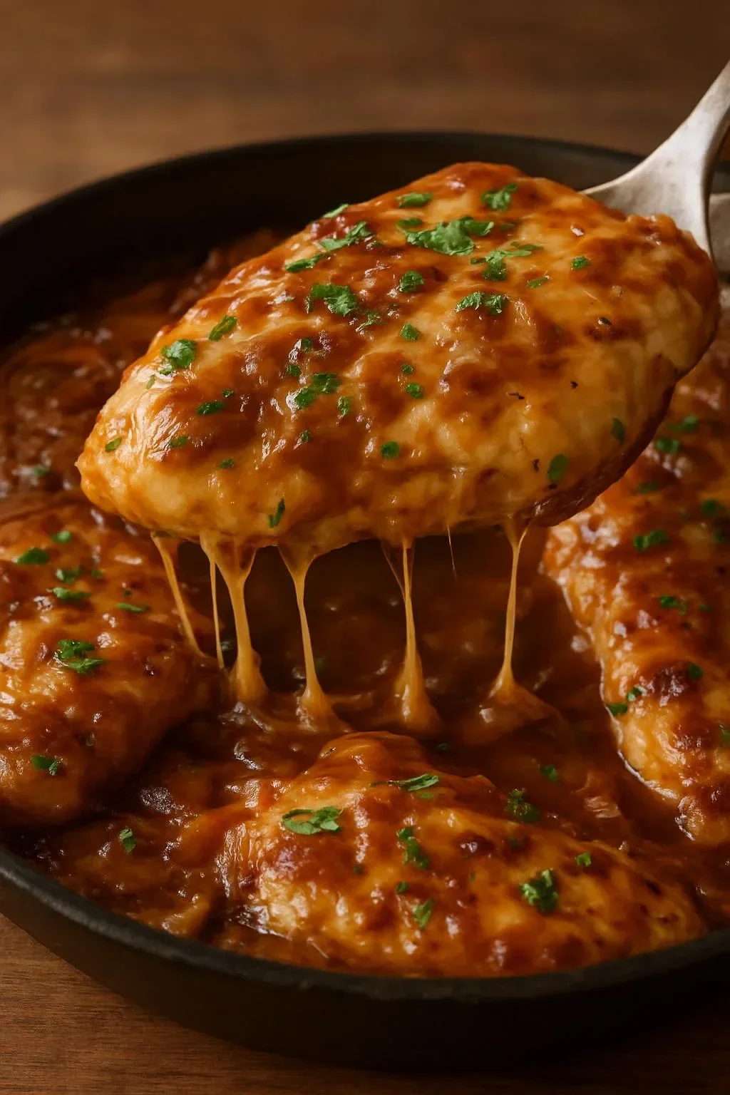 French onion baked chicken topped with melted cheese and caramelized onions.