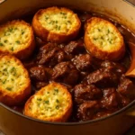 Delicious French Onion Beef Stew topped with melted cheese and crusty bread