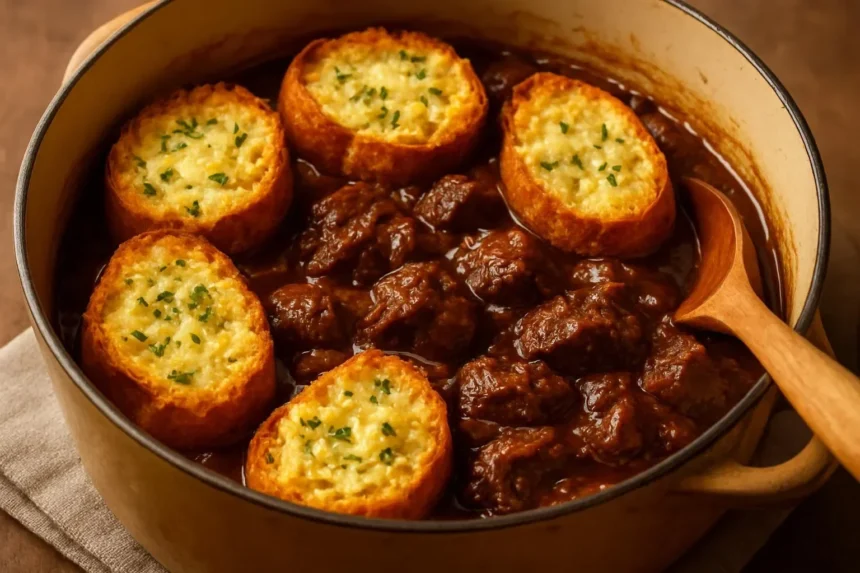 Delicious French Onion Beef Stew topped with melted cheese and crusty bread