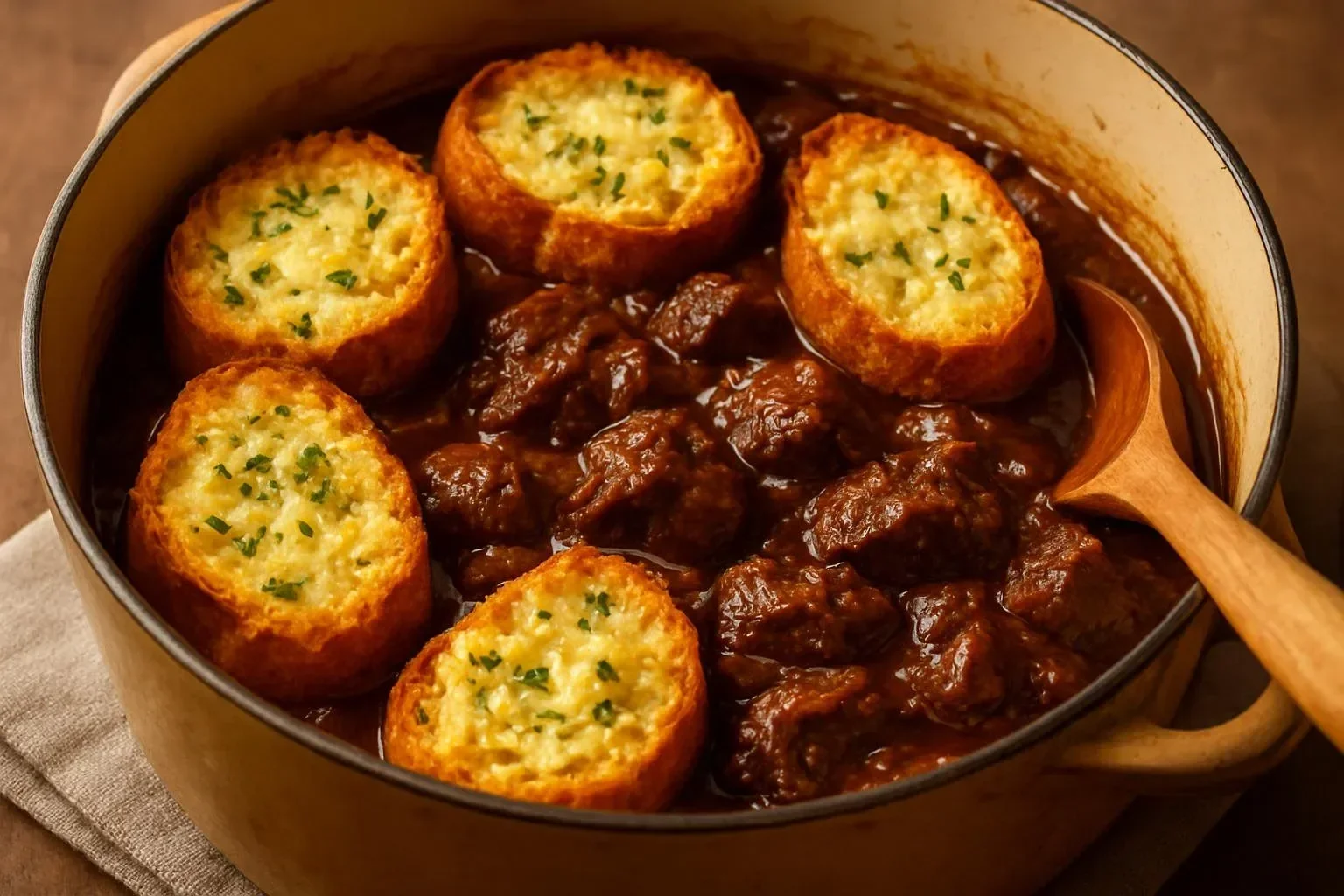 Delicious French Onion Beef Stew topped with melted cheese and crusty bread
