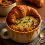 Delicious French onion soup topped with mushrooms, herbs, and a cheesy croissant.