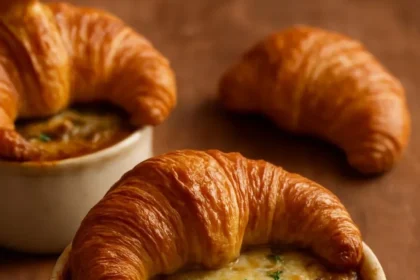 Delicious French onion soup topped with mushrooms, herbs, and a cheesy croissant.