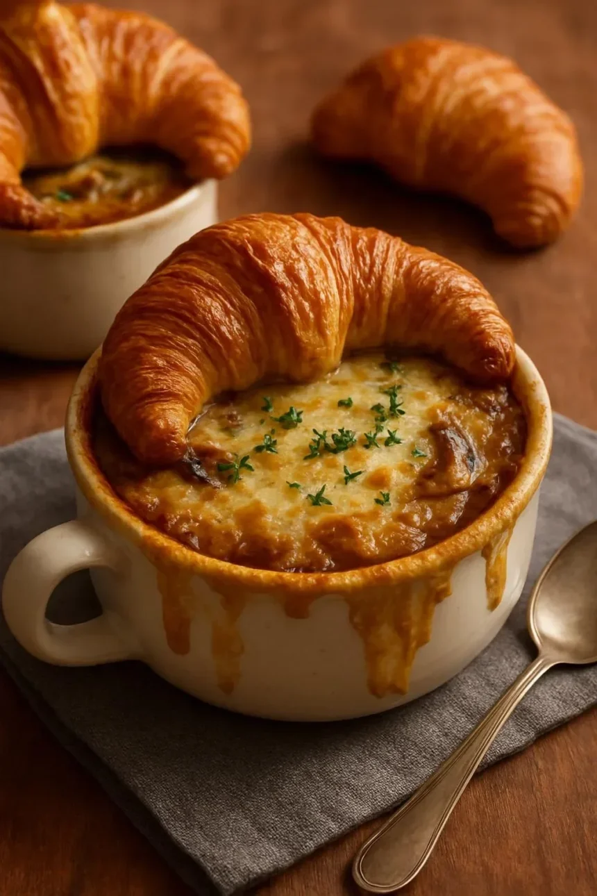 Delicious French onion soup topped with mushrooms, herbs, and a cheesy croissant.