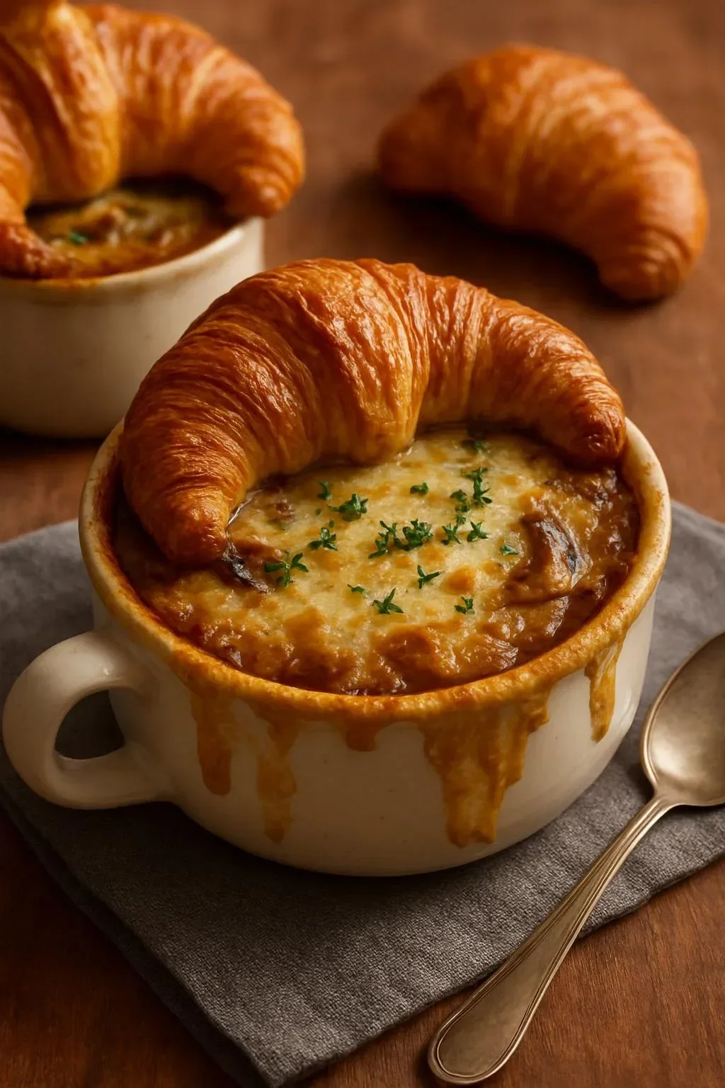 Delicious French onion soup topped with mushrooms, herbs, and a cheesy croissant.