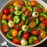 Fresh Avocado Tomato Pesto Salad served in a bowl with vibrant colors