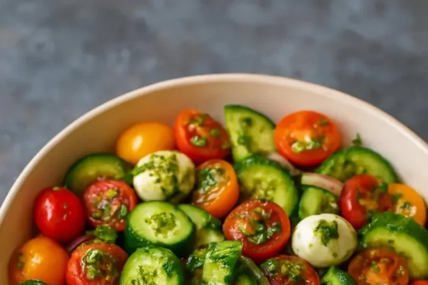 Fresh Avocado Tomato Pesto Salad served in a bowl with vibrant colors