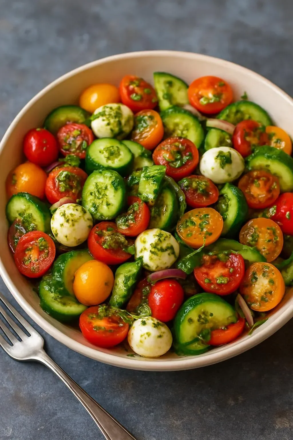 Fresh Avocado Tomato Pesto Salad served in a bowl with vibrant colors