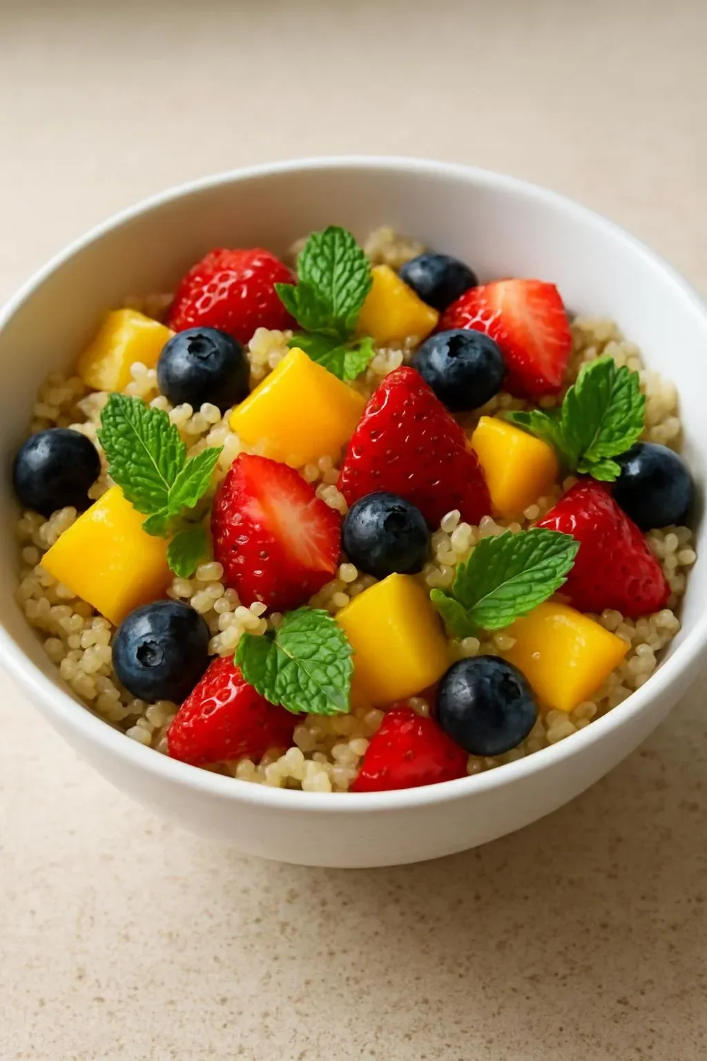 Colorful Fruit Quinoa Salad with various fruits and quinoa served in a bowl