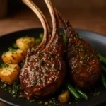 Garlic butter lamb chops served on a plate with herbs and seasoning.