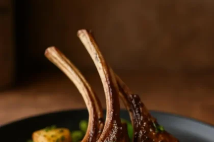 Garlic butter lamb chops served on a plate with herbs and seasoning.