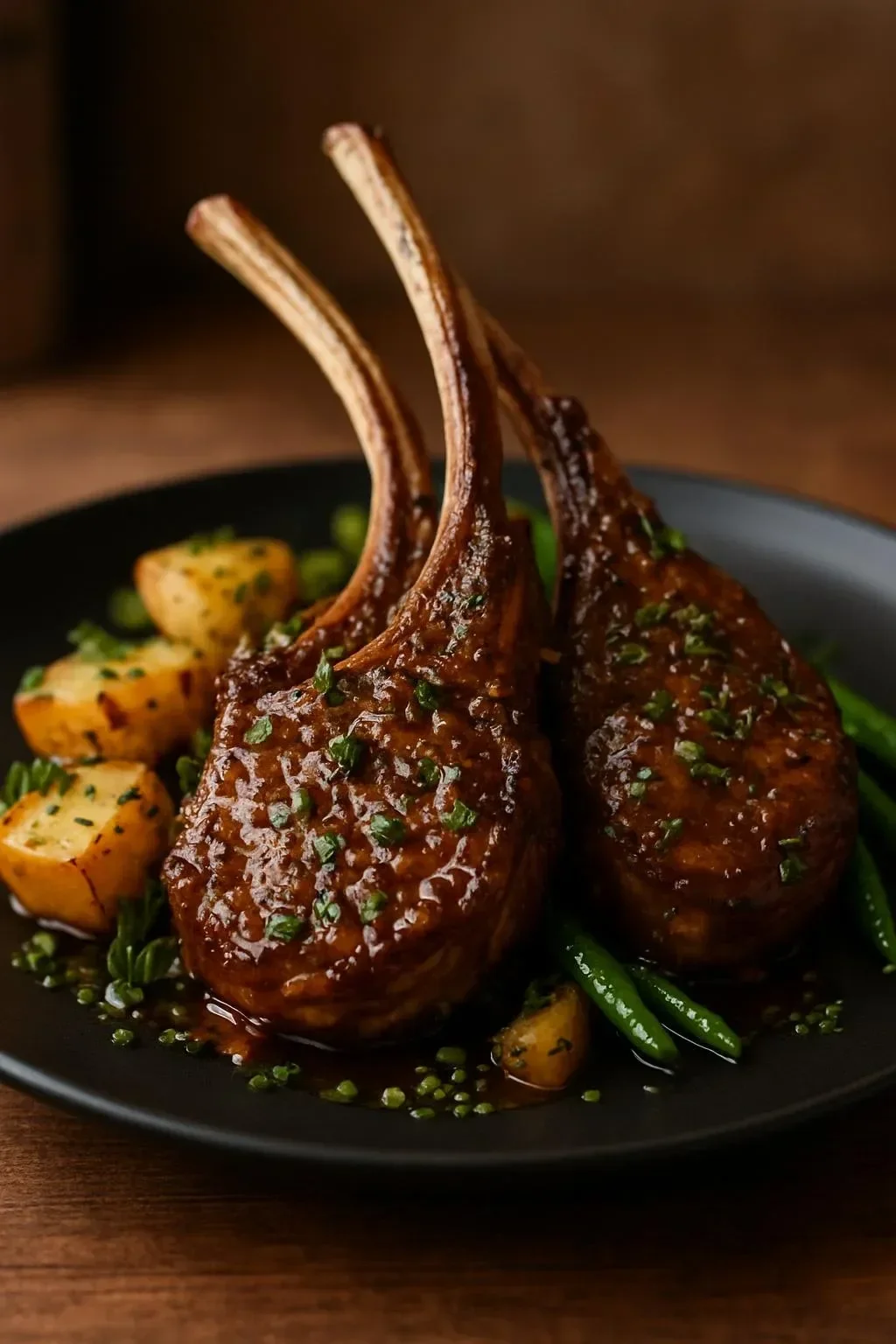 Garlic butter lamb chops served on a plate with herbs and seasoning.