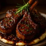 Garlic mushroom lamb chops served on a plate garnished with herbs