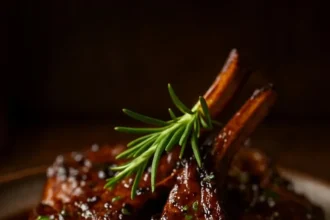 Garlic mushroom lamb chops served on a plate garnished with herbs