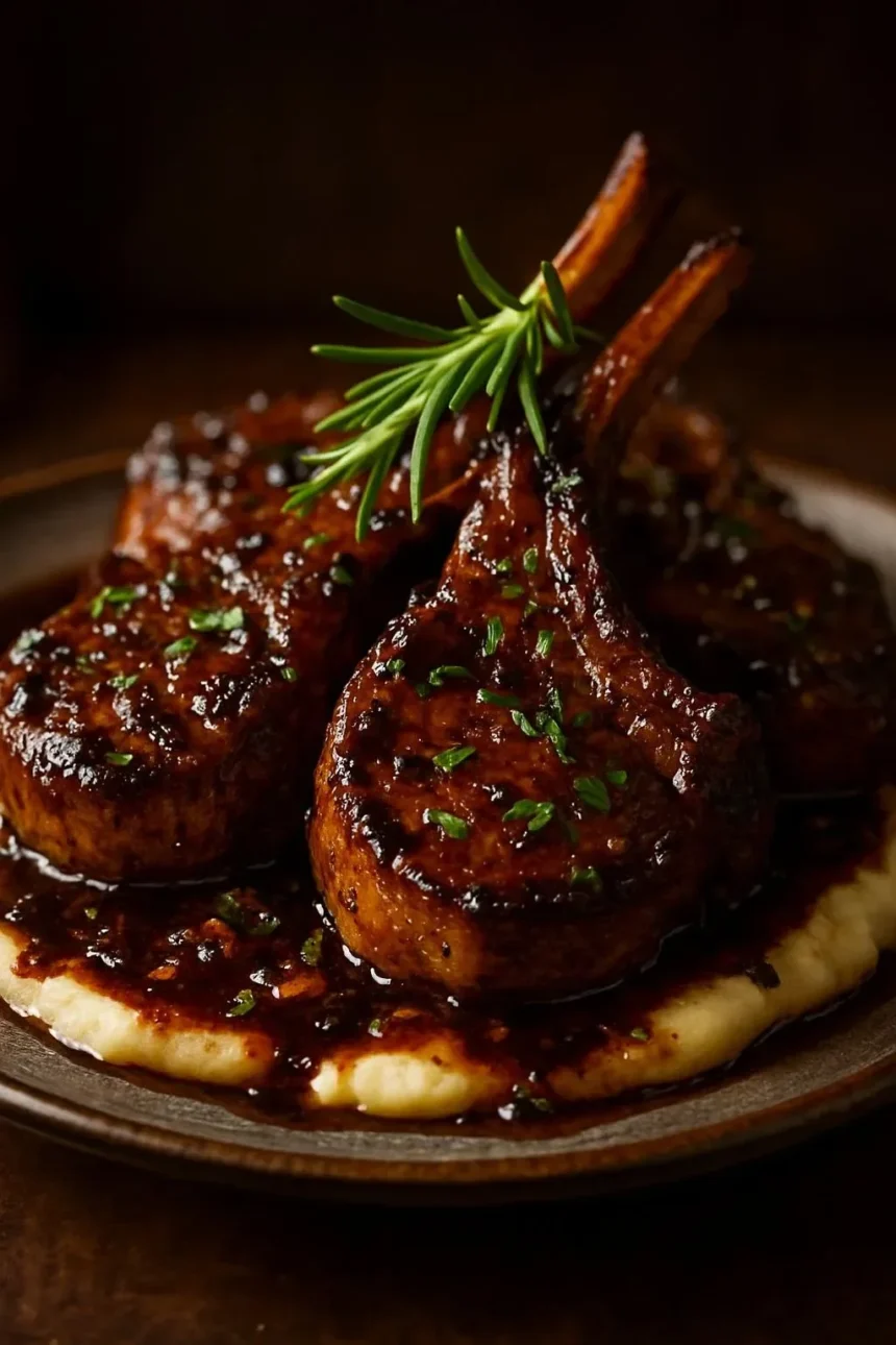 Garlic mushroom lamb chops served on a plate garnished with herbs
