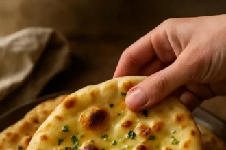 Freshly baked garlic naan with herbs and seasoning
