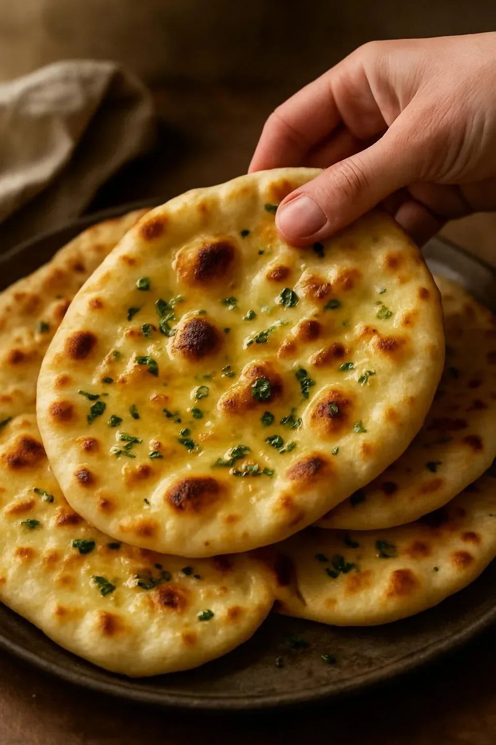 Freshly baked garlic naan with herbs and seasoning