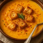 A warm bowl of garlic soup garnished with fresh herbs and bread