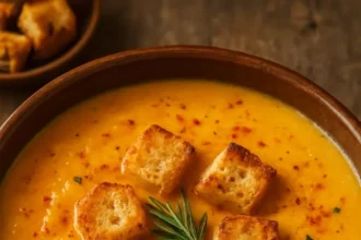A warm bowl of garlic soup garnished with fresh herbs and bread