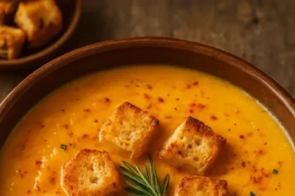 A warm bowl of garlic soup garnished with fresh herbs and bread