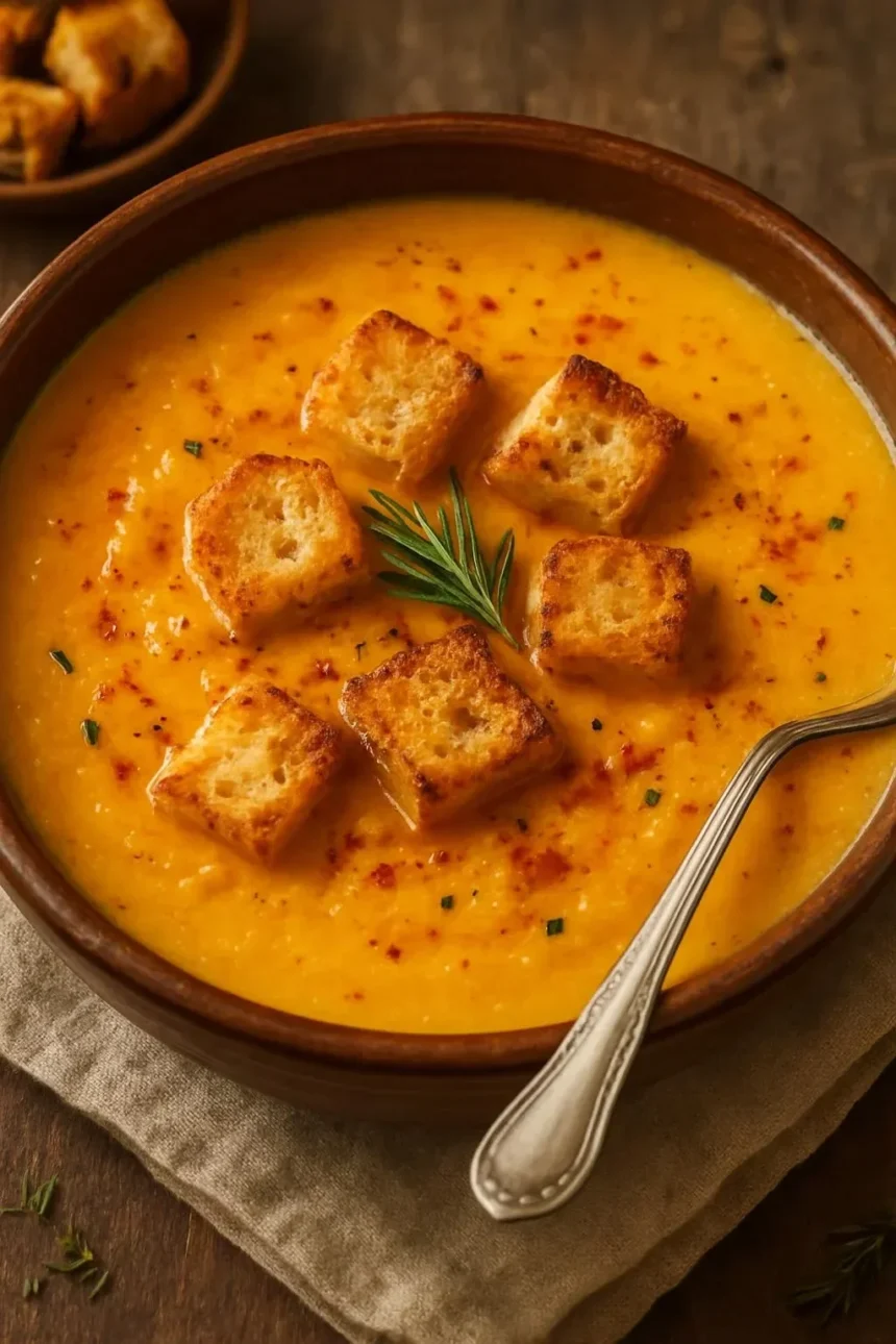 A warm bowl of garlic soup garnished with fresh herbs and bread