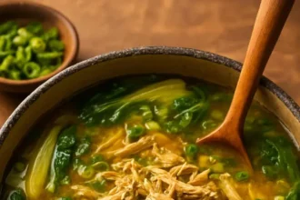 Bowl of Ginger Chicken Soup with bok choy and rice, garnished with green onions.