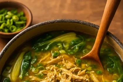 Bowl of Ginger Chicken Soup with bok choy and rice, garnished with green onions.