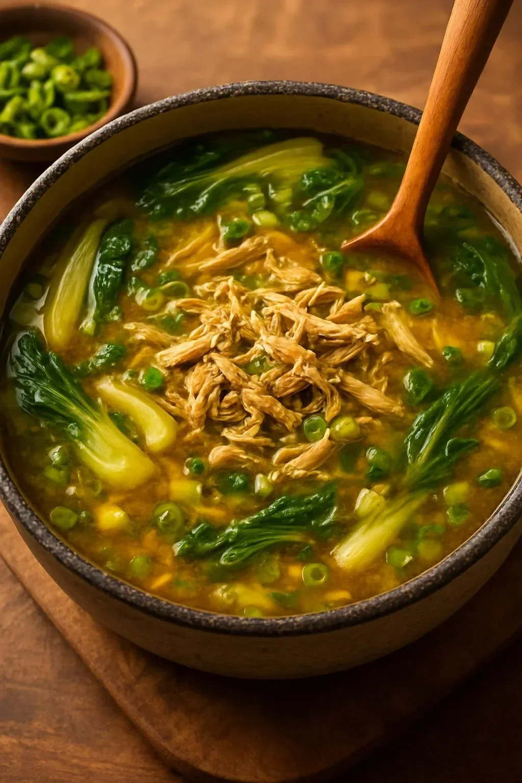 Bowl of Ginger Chicken Soup with bok choy and rice, garnished with green onions.