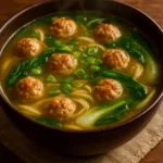 Bowl of Ginger Chicken Meatball Soup with fresh herbs and vegetables