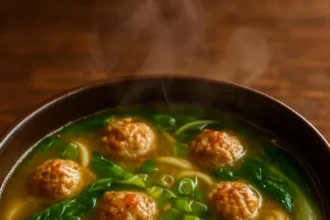 Bowl of Ginger Chicken Meatball Soup with fresh herbs and vegetables
