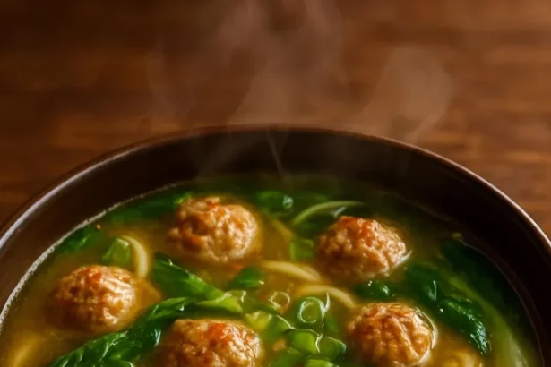 Bowl of Ginger Chicken Meatball Soup with fresh herbs and vegetables
