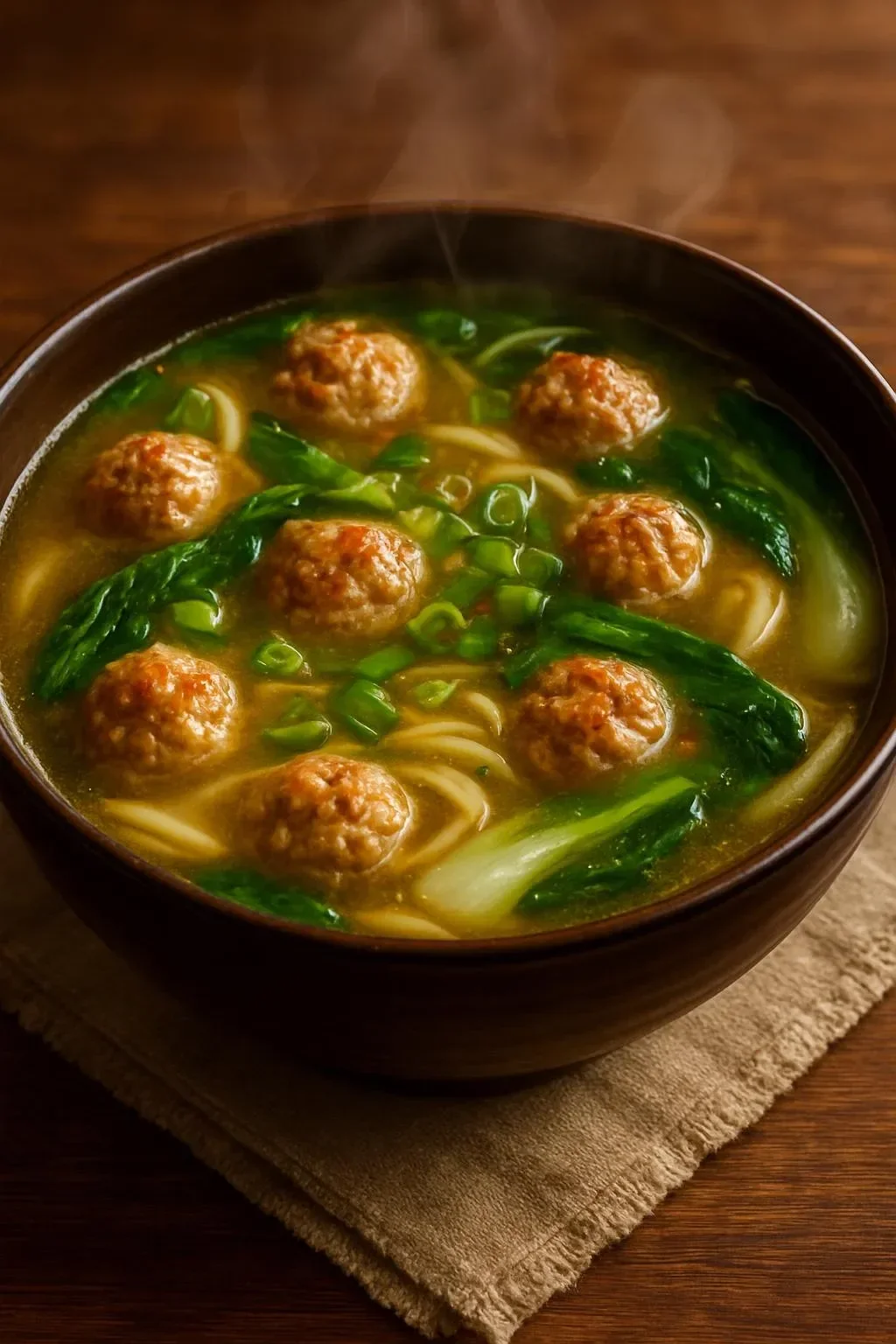 Bowl of Ginger Chicken Meatball Soup with fresh herbs and vegetables