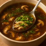 Bowl of ginger chicken soup garnished with herbs and spices