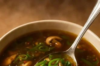 Bowl of ginger chicken soup garnished with herbs and spices