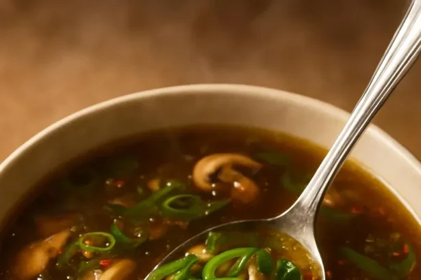 Bowl of ginger chicken soup garnished with herbs and spices