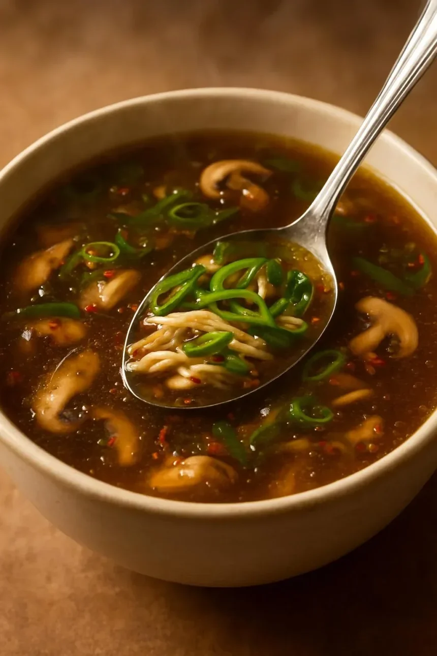 Bowl of ginger chicken soup garnished with herbs and spices