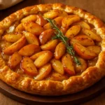 Golden baked brie topped with caramelized apples, perfect for appetizers.
