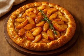 Golden baked brie topped with caramelized apples, perfect for appetizers.