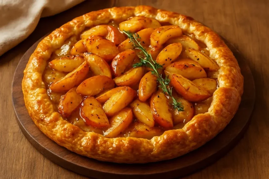 Golden baked brie topped with caramelized apples, perfect for appetizers.