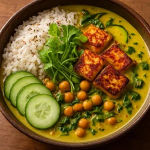 Golden chickpea and zucchini coconut curry with crispy halloumi served in a bowl.