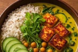 Golden chickpea and zucchini coconut curry with crispy halloumi served in a bowl.