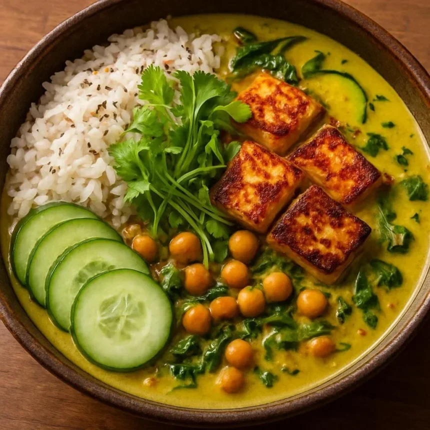 Golden chickpea and zucchini coconut curry with crispy halloumi served in a bowl.