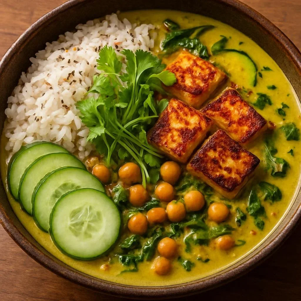 Golden chickpea and zucchini coconut curry with crispy halloumi served in a bowl.