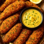 Golden crunchy chicken tenders with honey mustard dip served on a plate