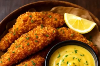 Golden crunchy chicken tenders with honey mustard dip served on a plate