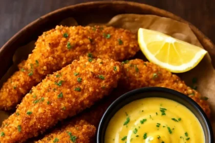 Golden crunchy chicken tenders with honey mustard dip served on a plate
