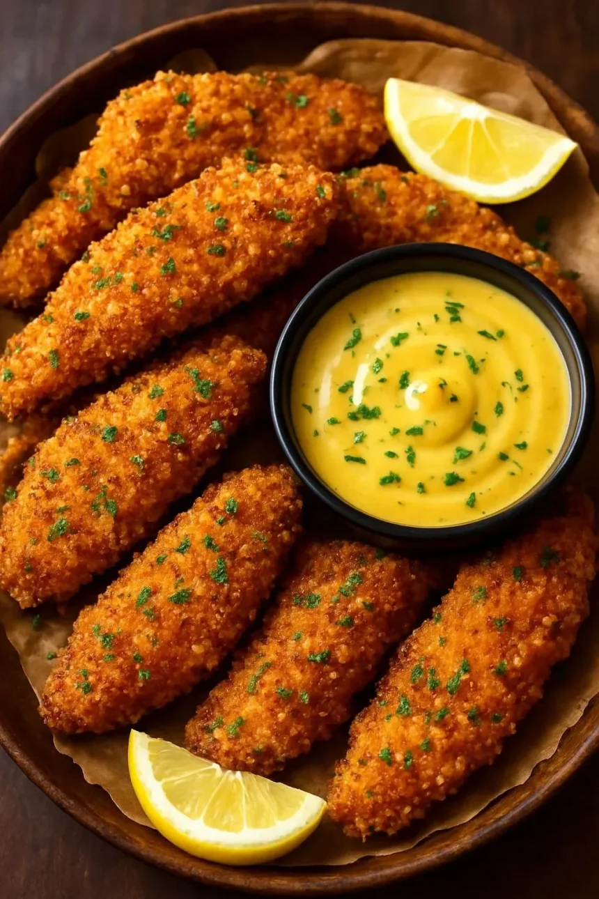 Golden crunchy chicken tenders with honey mustard dip served on a plate