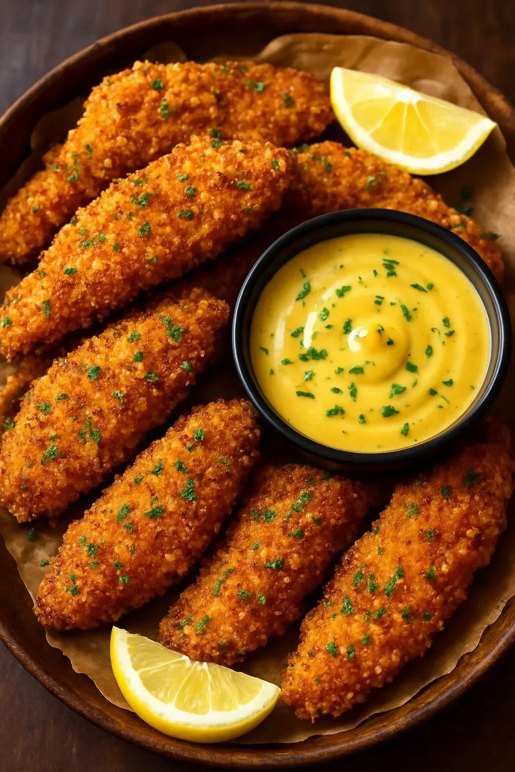Golden crunchy chicken tenders with honey mustard dip served on a plate